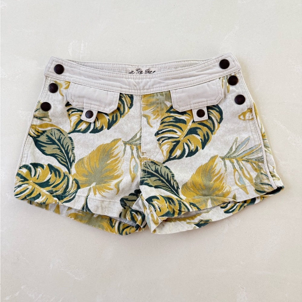 Free People Leaf Print Jean Shorts - Green and Yellow